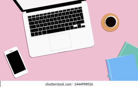 Top view of modern workplace. Pink table, office supplies, laptop, books, notebook, phone. Vector illustration