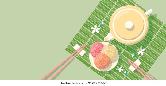 Top view Moon cake background with tea