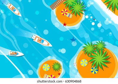 Top view motor yacht. Beach rest. Holidays. Summer vacation. Time to travel. Sea, waves, sand and umbrella, palm. Vector design background and objects illustrations