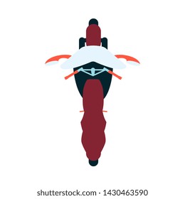 Top view of motorcycle, aerial shot of cartoon sport motorbike isolated on white background. Dark red moto bike transportation vehicle in simple flat style - vector illustration