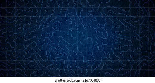 Vista Superior Del Mapa Detallado Del Contorno Topográfico De La Cordillera De Montaña Resumen Del Fondo Azul Profundo. Juego Interfaz conceptual Satélite GPS Navegación Socorro Tierra Cartografía arte Ilustración