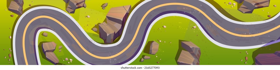 Top view of mountain serpentine, winding car road. Vector cartoon horizontal illustration of aerial panoramic view of summer landscape with curve asphalt highway, stones and green grass
