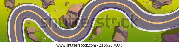 Top view of mountain serpentine, winding car road.
Vector cartoon horizontal illustration of aerial panoramic view of
summer landscape with curve asphalt highway, stones and green
grass