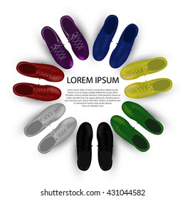 top view of multi color , colorful of soccer shoes with copy space, it also can be used for multi nation concept, banner , sport greeting card, sport campaign, adverting, adv, on white background