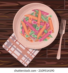 Top view of multicolored penne rigate pasta in pink plate with fork on check napkin isolated on wooden table background. Vector illustration.