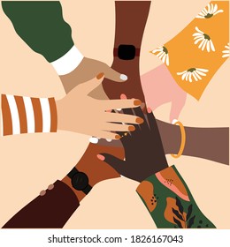 Top view of multicolored stacking hands flat vector illustration - International friendship concept with multiethnic people representing peace and unity against racism. Teamwork, cooperation concept.