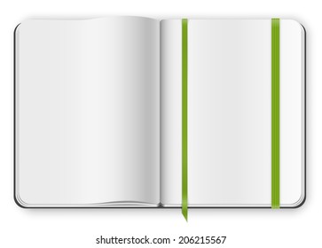 Top view multipaged blank opened copybook moleskine template with bookmark. Vector illustration.