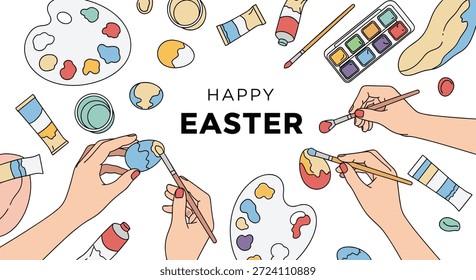 Top view of multiple hands painting colorful patterns on Easter eggs surrounded by paint tubes brushes and palettes on a white surface for holiday.