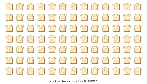 top view of multiple white bread slices arranged in a grid pattern on a white surface with even spacing and clear details