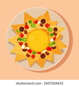 Top view of nachos with melted cheese dip on a plate isolated on a peach background. Spicy Mexican street food made with tortilla chips on a kitchen table at a pub, bar or restaurant from above