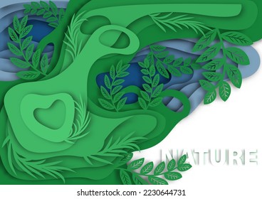 Top view of nature paper cut. Leaves, bushes, river. Vector illustration. for website, print, wallpapers, business cards, banners, calendars, and graphics.