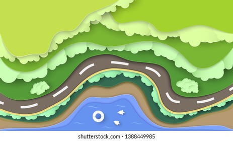 Top view nature scene of forest with sea and beach. Landscape background for world environment day on 5 June. Vector illustrator in paper cut, craft, origami.