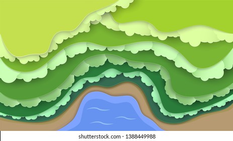 Top view nature scene of forest with sea and beach. Landscape background for world environment day on 5 June. Vector illustrator in paper cut, craft, origami.