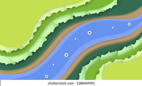 Top view nature scene of forest with sea and beach. Landscape background for world environment day on 5 June. Vector illustrator in paper cut, craft, origami.
