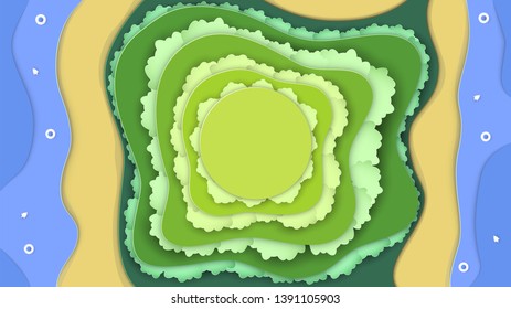 Top view nature scene of forest with sea and beach. Landscape background for world environment day on 5 June. Vector illustrator in paper cut, craft, origami.