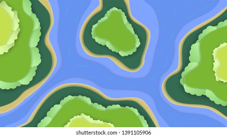 Top view nature scene of forest with sea and beach. Landscape background for world environment day on 5 June. Vector illustrator in paper cut, craft, origami.