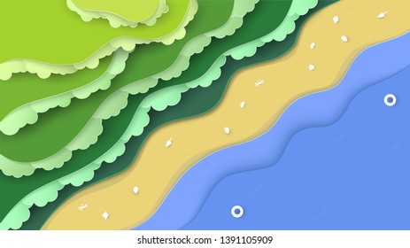 Top view nature scene of forest with sea and beach. Landscape background for world environment day on 5 June. Vector illustrator in paper cut, craft, origami.