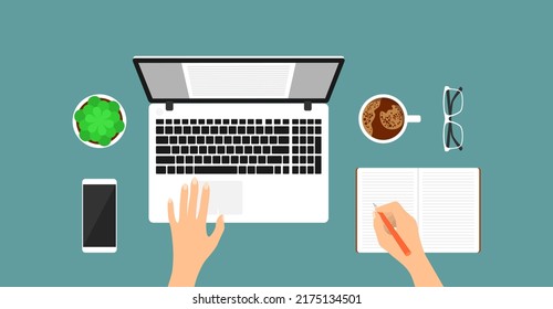 Top view of a neat workplace. A hand writing in a notebook, a laptop, a smartphone, glasses, a cup of coffee and a flower pot on a blue background. Flat vector illustration