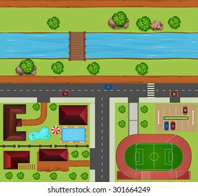Top view of neighborhood with houses and community services