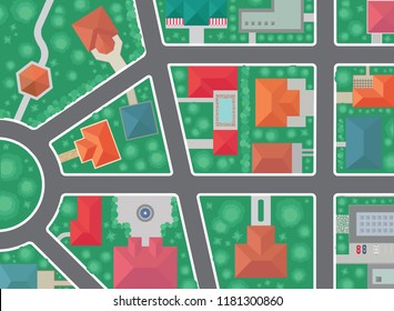 Vektorillustration mit Top-Aussicht, Dach- und Straßenantenne. Grüne Stadtplan, Straßen und Häuser Illustration.