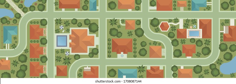 Draufsicht auf die Stadtbezirke Vorstadt Illustration. Landschaftliche Aussichtsdörfer, Erholungsparks, Seen und Dächer, Vektorillustrationen-Hintergrund.