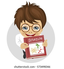 top view of nerd schoolboy showing science book