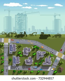 Top view new city district under construction