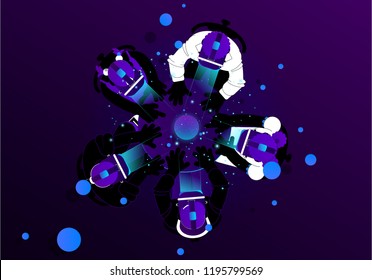 Top View Of A New Generation Meeting In Full Augmented Reality And Virtual Reality.
Illustration In A Modern, Clean And Trendy Purple Flat-design Vector.