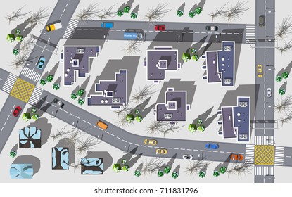 Top View New Modern Block Of Flats In Winter With Snow