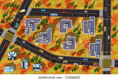 Top view New modern block of flats in autumn with red trees