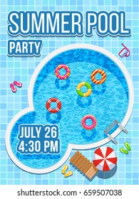 Top view nobody swimming pool with blue water. Vector design for party invitation. Summer pool party banner illustration