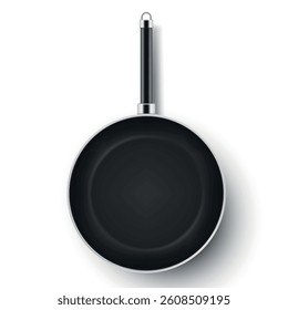 Top view of a non-stick frying pan on a clean white background ready for culinary use