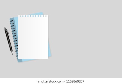 Top view of note paper with blue notebook and pen on gray background. Vector illustration