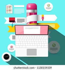 Top View Notebook Computer with Infographics Elements. Vector Creative Infographic Design.