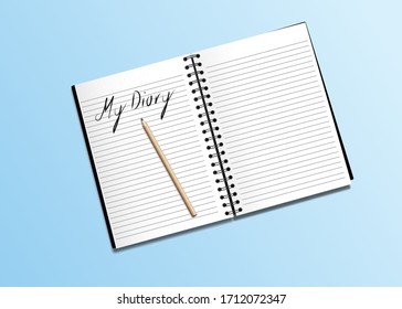 Top view of notebook or diary. There is a message "My Diary" on note pad, paper sheet with pencil on light-blue background, work desk. vector illustration