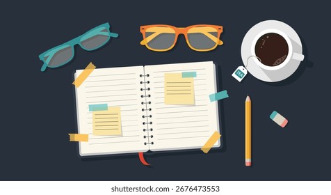 A top view of a notebook with sticky notes coffee and glasses on a desk symbolizing organization and planning for productivity