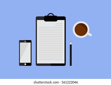 Top view of notepad, smartphone, pencil and coffee cup, Flat design workplace illustration 