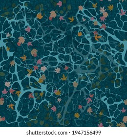 Top view of the ocean surface. Deep water with seaweed at the bottom. Ripple and splashes. Fallen leaves on the water. Water seamless pattern. 