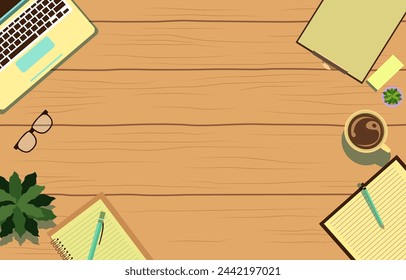 Top View of Office Book Stationery on Work Desk with Copy Space on Wooden Background