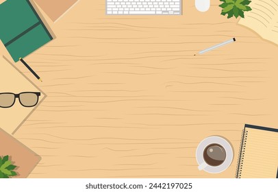 Top View of Office Book Stationery on Work Desk with Copy Space on Wooden Background