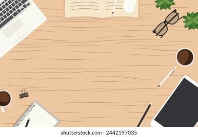 Top View of Office Book Stationery on Work Desk with Copy Space on Wooden Background