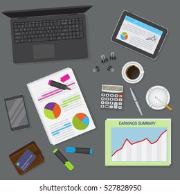 Top view of office dark desk background including laptop, digital devices, financial and business objects. Flat vector design illustration of modern office workspace