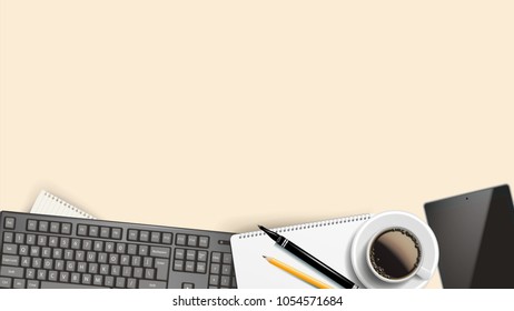 Top View Office Desk Background Vector. Working Place Table. Laptop, Computer, Keyboard, Coffee Cup, Smartphone, Notebook, Table. Template Illustration