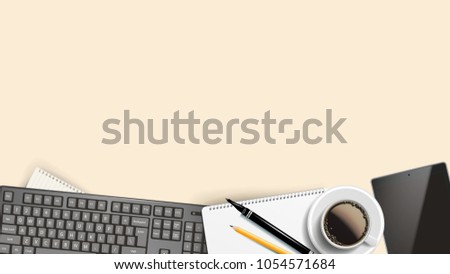 Top View Office Desk Background Vector. Working Place Table. Laptop, Computer, Keyboard, Coffee Cup, Smartphone, Notebook, Table. Template Illustration