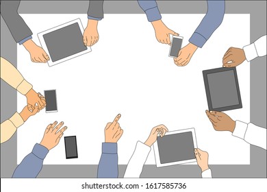 Top view of the office Desk during a meeting. Six pairs of hands on the table. The business modern frame.