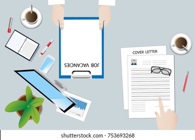 Top view of the office desk with office equipment. Personnel manager has a folder with job vacancies, job seeker has a CV and cover letter.