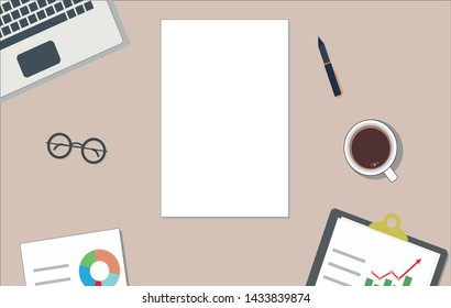Top view office desk flat design vector, Blank paper,Business office and work space