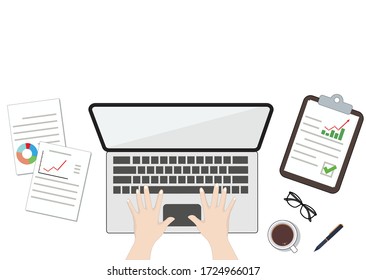 Top view office desk with hand on notebook for working remotely, flat design vector, Business office and work from home, copy space table