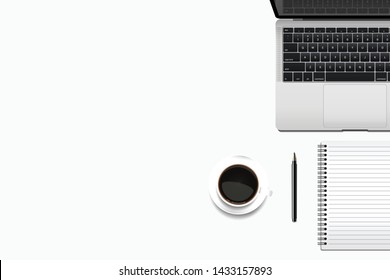 Top view office desk with laptop, pen, note book and coffee cup . Flat lay of minimal work space on white background. Banner with copy space. Realistic objects isolated. Vector illustration