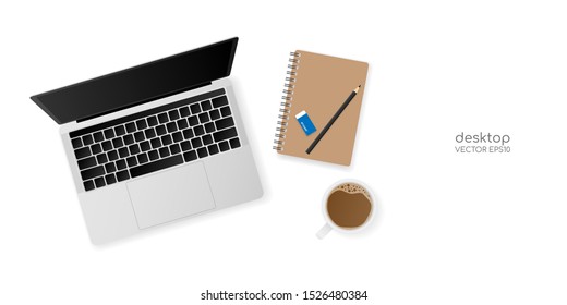 Top view office desk with laptop computer, notebook, pencil and a cup of coffee isolated on white background. Vector illustration in concept business, working, education, technology.